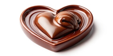 Chocolate heart with chocolate piece and sauce on white background in low angle view