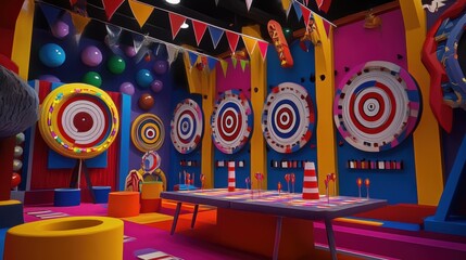 3D effect of a carnival shooting gallery with targets, colorful props, and eager participants