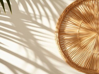 A circular woven wall decor casting intricate shadows on a light wall, enhanced by natural greenery in the corner.