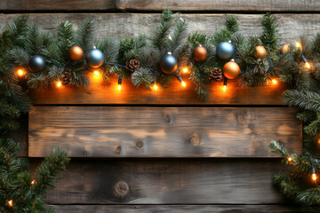 Wooden background decorated with festive evergreen branches, pine cones, blue and gold ornaments, and warm string lights, creating a rustic holiday atmosphere. 