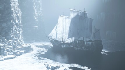 Ghostly Ship of Frozen Harbor - Ultra-Detailed 3D Render Illustration Evoking Adventure and Tragedy