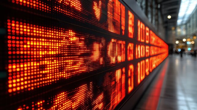 A red LED display with scrolling numbers and blurred people walking by in the background.