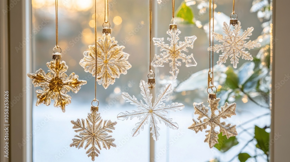 Poster a group of seven snowflake ornaments hang in a window. they are all different sizes and shapes, but 