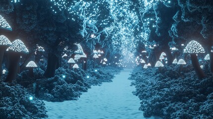 Enchanted Forest of Mystery and Magic - 3D Render Illustration with Glowing Mushrooms and Snow-Covered Trees