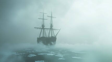 Fototapeta premium Frozen Ghost Ship: Eerie 3D Render of Haunting Winter Scene with Trapped Ship in Ice, Dark Waters, and Swirling Fog | Ultra-Detailed Illustration