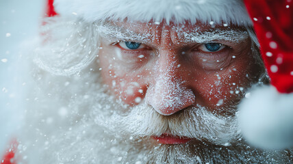 A man with a red hat and beard is standing in the snow, looking at the camera with a frown on his face. He is unhappy or angry, and his facial expression suggests that he is not in a good mood