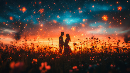 Obraz premium A couple is standing in a field of flowers at sunset. The sky is filled with stars and the couple is surrounded by a field of flowers