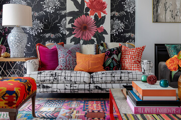 Maximalist living room with bold wallpaper, layered patterns, and colorful decor, embracing an unapologetically vibrant and cozy aesthetic.