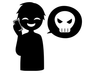 スマホで話す悪人とドクロマークの危険な話をするイメージの素材