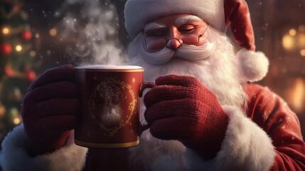 Santa Claus wearing winter gloves, holding a warm mug of hot cocoa, steam rising in a cozy Christmas setting