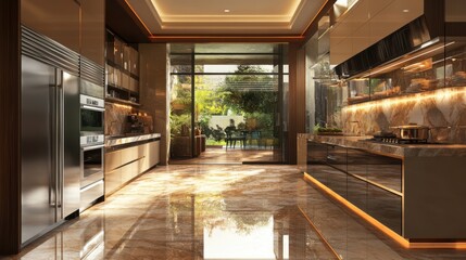 Fototapeta premium 3D effect of a luxurious kitchen with detailed marble floors, top-notch appliances,