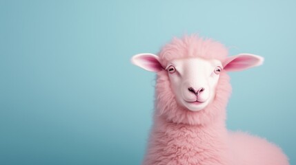 Fototapeta premium Cute pink sheep with fluffy wool against a soft blue background.