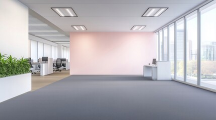 Fototapeta premium Modern office interior with pink wall, empty workspace, and natural light streaming through large windows.