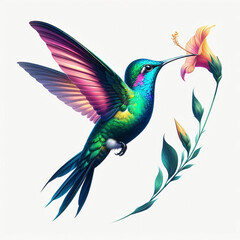 Obraz premium A vibrant hummingbird, its iridescent feathers shimmering, hovers above a delicate flower