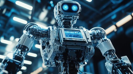 Fototapeta premium 3D effect of a sophisticated robot with a metallic frame and dynamic illumination, performing