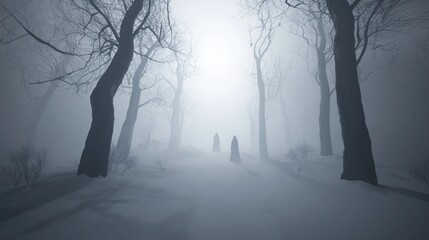 Enigmatic Night of Winter: 3D Render Illustration of Eerie Darkness and Suspense in Snow-Covered Landscape