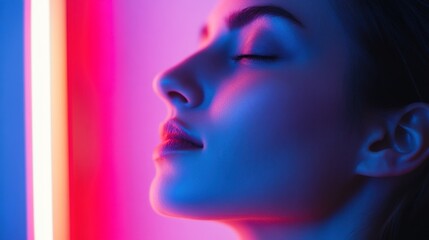 Fototapeta premium Neon Portrait: A close-up of a woman's face illuminated by vibrant neon light.