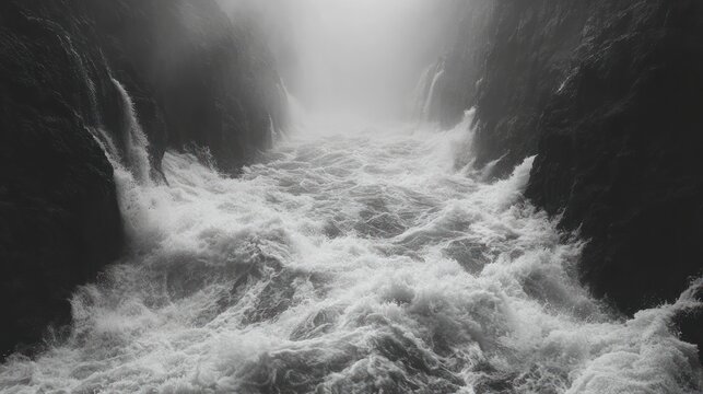 A rushing river flows through a narrow canyon, the water churning and white with spray.