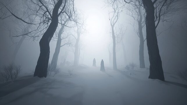 Enigmatic Night of Winter: 3D Render Illustration of Eerie Darkness and Suspense in Snow-Covered Landscape