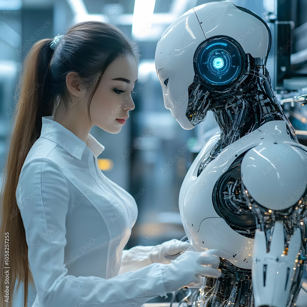 Aufkleber realistic image - female engineer and ai robot collaboration in tech lab
