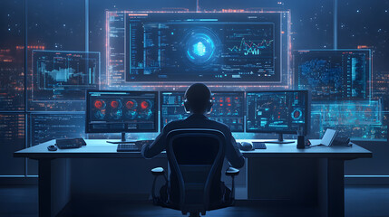 Artificial intelligence analyzing data in futuristic control room