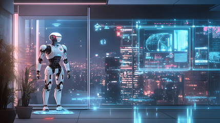 Obraz premium AI robot in futuristic office overlooking city skyline at night