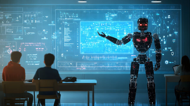 Robot teaching students in virtual classroom with digital screens