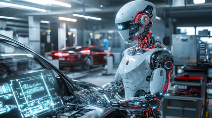 AI driven robot conducting complex repairs on automobile, showcasing advanced technology and