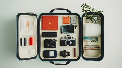 Travel concept with a large suitcase and other accessories. 