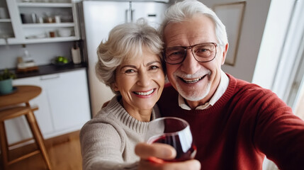 A happy senior couple taking a selfie in the kitchen, drinking wine and smiling at the camera.