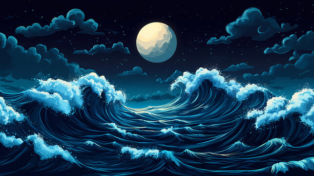 Animestyle ocean waves under moonlit sky dynamic water movement stylized foam ethereal moonbeam reflections moody nighttime palette. Moonlit Ocean. Illustration