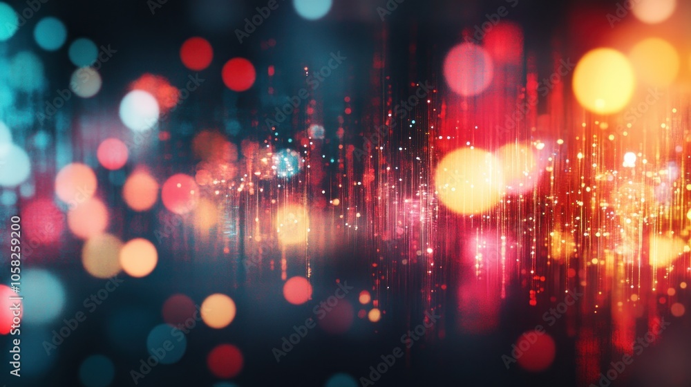 Poster abstract digital background with colorful bokeh effects and light streaks.