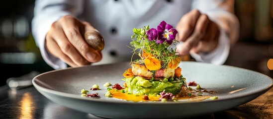 Fine dining experience with a focus on a chef-crafted vegetarian dish and its unique avocado flower garnish.
