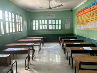 Empty Classroom Photo - Sunlight Streaming Through Windows, Desks, Chairs, Education
