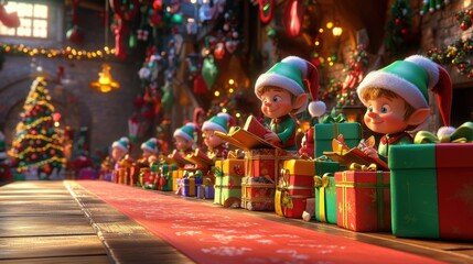 A 3D animated scene of elves wrapping gifts on a long table in Santa's workshop, with stacks