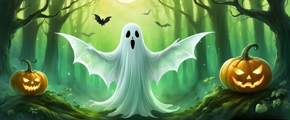 Halloween festival, scary black and green forest background