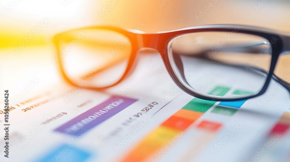 Poster close-up of eyeglasses resting on a financial report with graphs and charts.