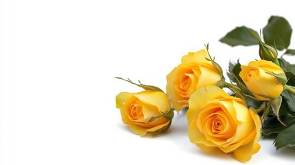 Vibrant yellow roses create a striking contrast with an isolated white setting.