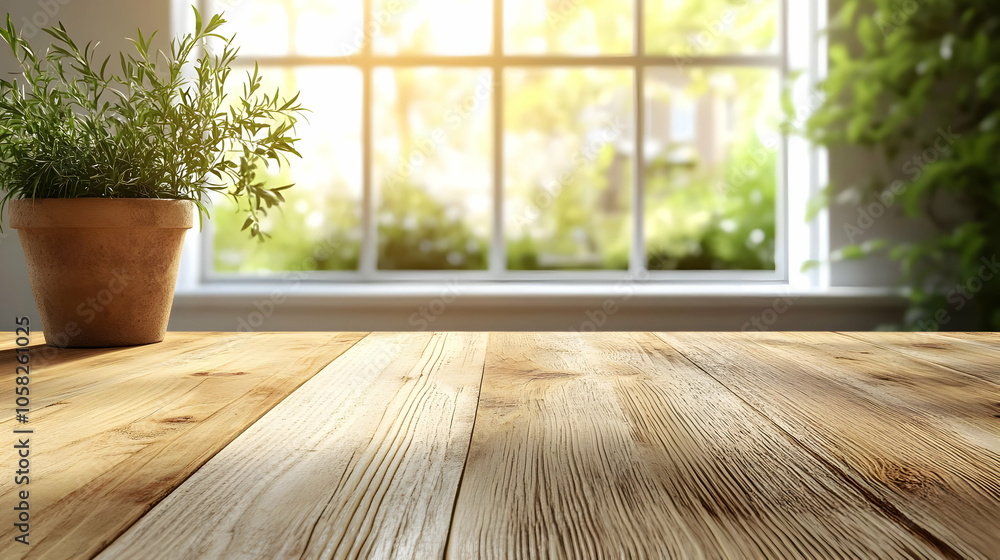 Poster empty wooden table background with blurred window view