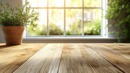 Empty Wooden Table Background with Blurred Window View