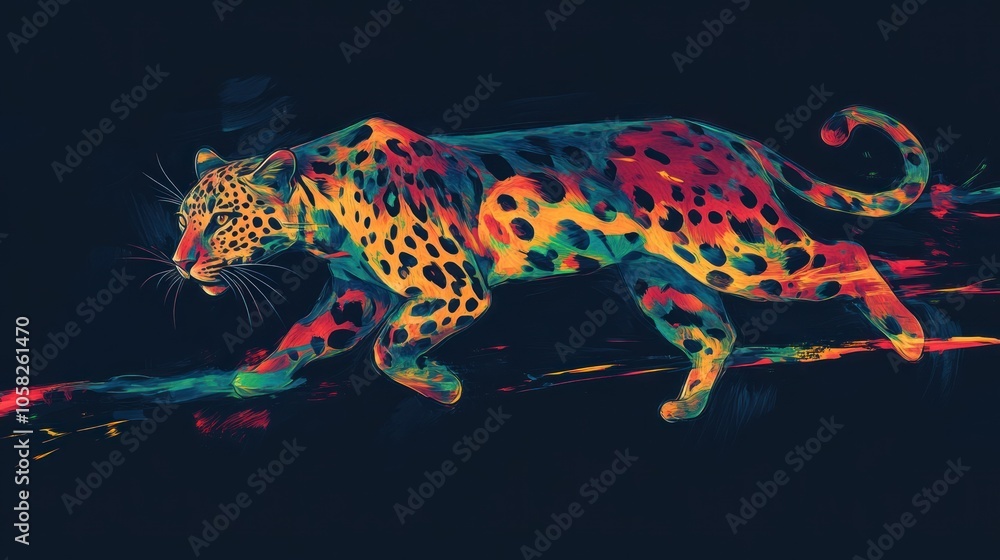 Poster a vibrant, abstract depiction of a leopard in motion, showcasing colorful patterns and textures.