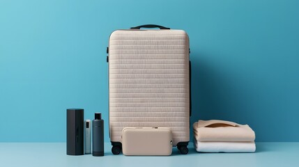 Travel concept with a large suitcase and other accessories. 