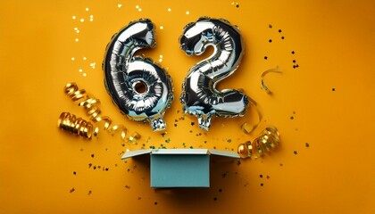 Number 62 birthday balloon celebration gift box lay flat explosion