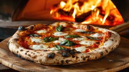 Freshly baked Neapolitan Margherita Pizza served from wood-fired oven.