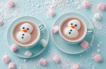 Two Cups of Hot Chocolate with Snowman Marshmallows on Blue