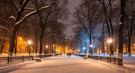 Snowy Park Pathway at Night