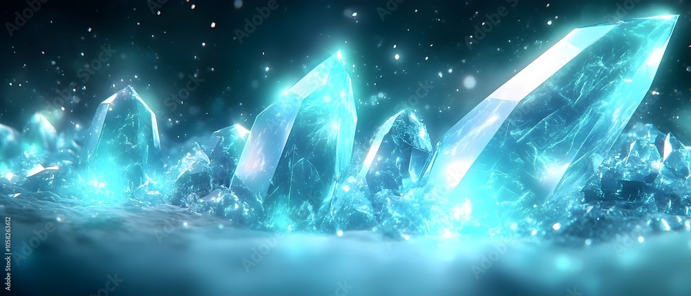 Poster A stunning close-up view of shimmering blue crystals, illuminated by soft light, creating a magical and ethereal atmosphere with sparkling reflections in a mystical setting.
