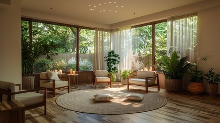 Fototapeta premium A serene, sunlit room featuring large windows, cozy seating, and lush greenery, creating a tranquil and inviting atmosphere.