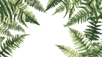 A botanical design featuring a lush, green fern with intricate fronds, set against a clean, white