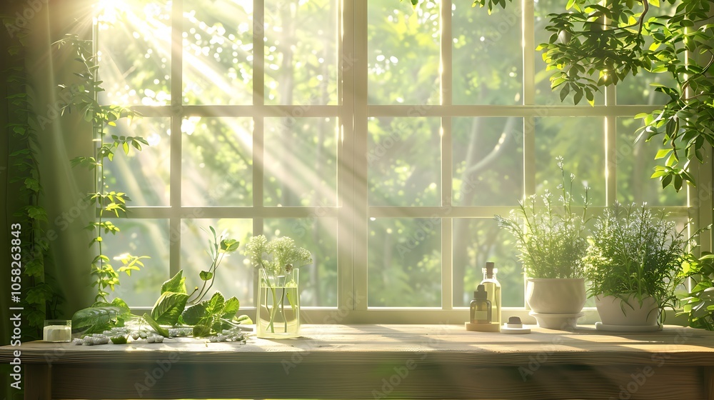 Aufkleber a sunlit window showcases lush greenery and herbs, creating a serene and inviting atmosphere in a na